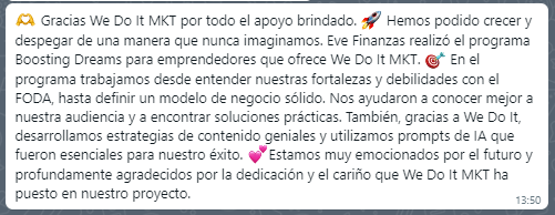 Testimonio - Boosting Dreams - EVE - Evelyn Ingaramo - imagen testimonio whatsapp